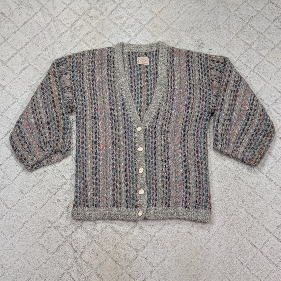 Sinfully Original Sweaters - VTG Sinfully Original Sweater Womens L Gray Multi Knit Wool Chunky Cardigan Boho